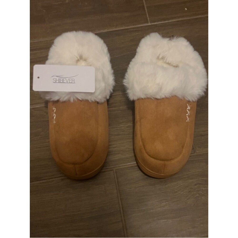 SHIDEVER Women's Chestnut Faux-Suede Slippers with White Faux-Fur Cuff